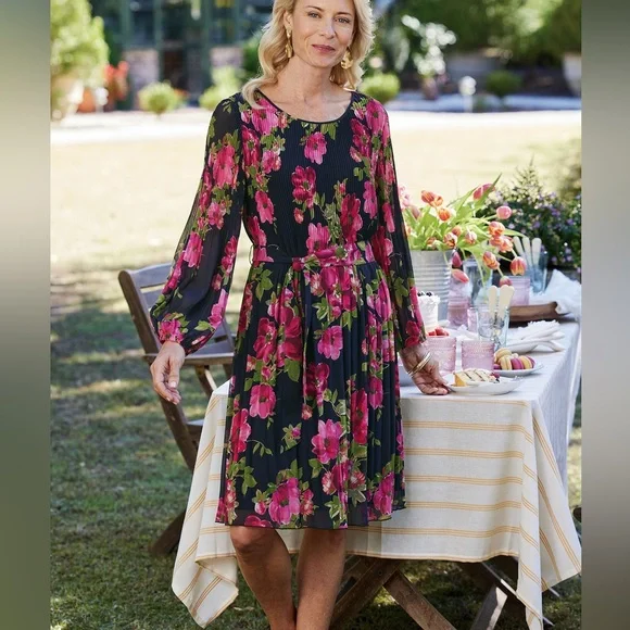 Soft Surroundings Ondine Pleated Mini Dress Black Pink Petals PS NWT - Picture 8 of 8